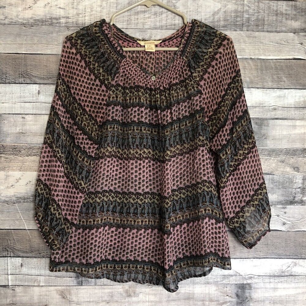 Sundance 100% Silk Blouse Size S Sheer Popover Long Sleeve Button Up Top